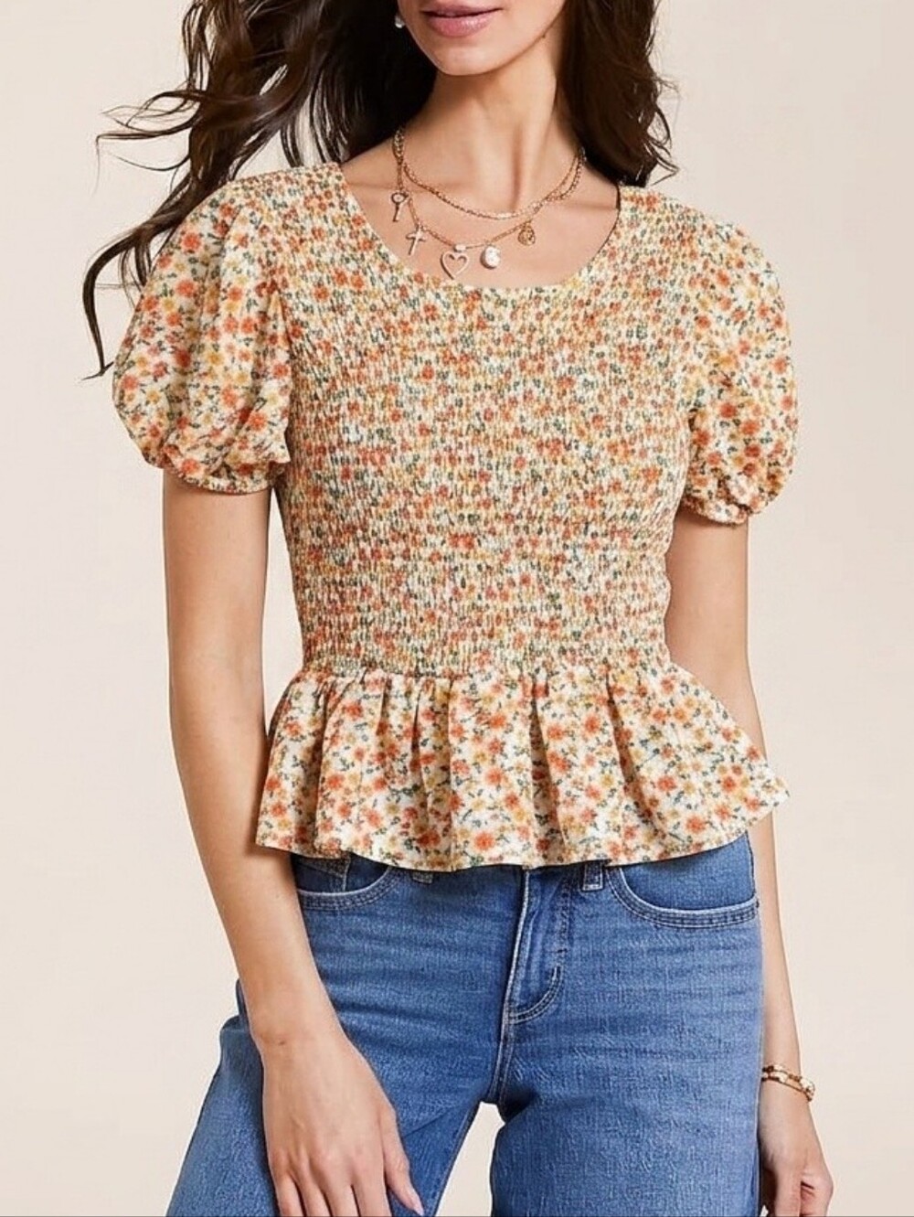 Mine Floral Smocked Bodice Peplum Blouse Size Small